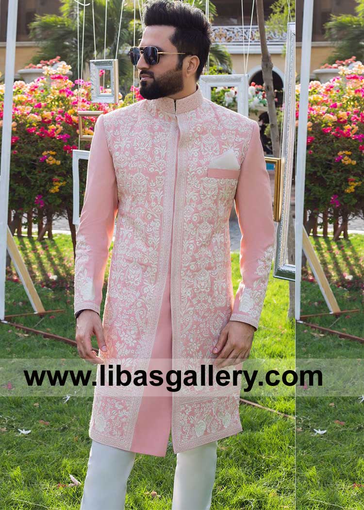 Falak Shabbir in Groom Richly embroidered Peachy Tone floral patterned Wedding sherwani | Wedding Sherwani for Nikah Maryland Sugarland Colorado USA