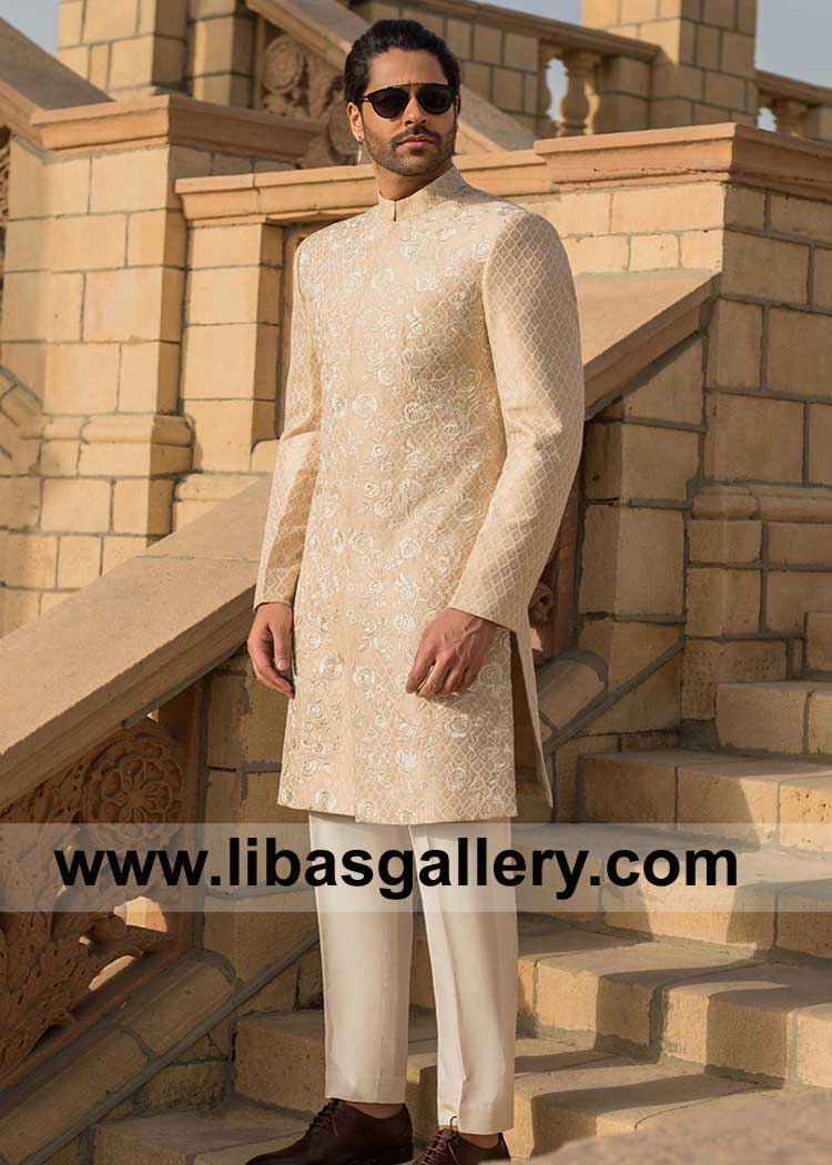 Groom Ivory Nikah sherwani on jacquard heavily Embroidered | Groom Ivory Embroidered Wedding Jacket with Inner Suit Germany France UK USA Canada