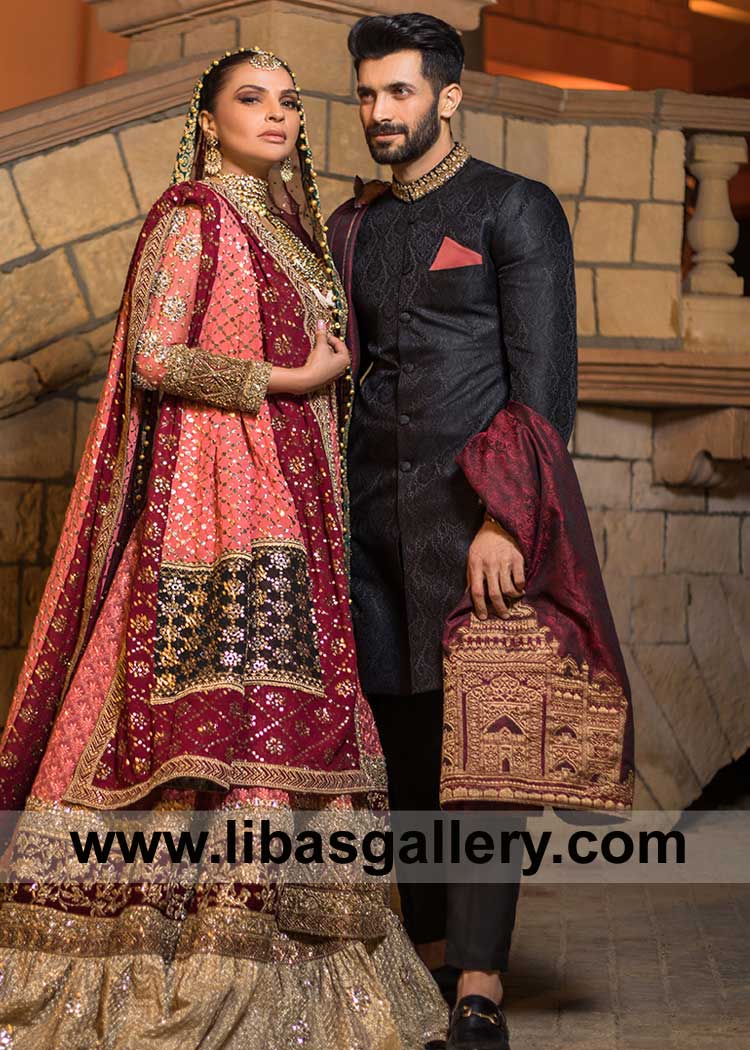 Black Jacquard Groom Wedding Sherwani Shahzad Noor wearing with gold hand embellished collar and inner suit Maryland Sugarland Chicago USA