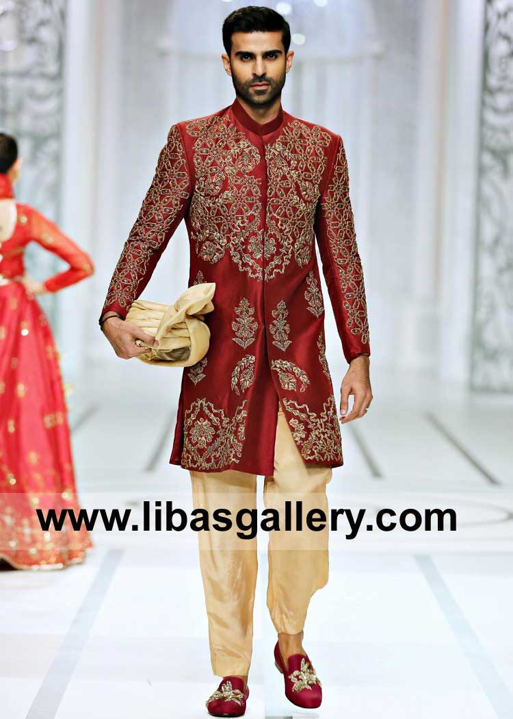 Deep Red Raw silk Antique Embellished Groom Marriage Event Sherwani with Fawn Inner suit Louisville Memphis Colorado USA