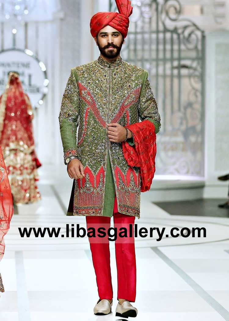 Embroidered Green Wedding Sherwani with Hand Embellishment Silver and Gold on all over front collar and sleeves Houston Illinois Philadelphia USA