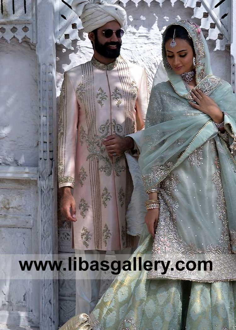 Short length Embellished Peach Groom Wedding Sherwani Style in Raw silk with Silver gold hand work on front collar sleeves Chicago San Antonio London Glasgow