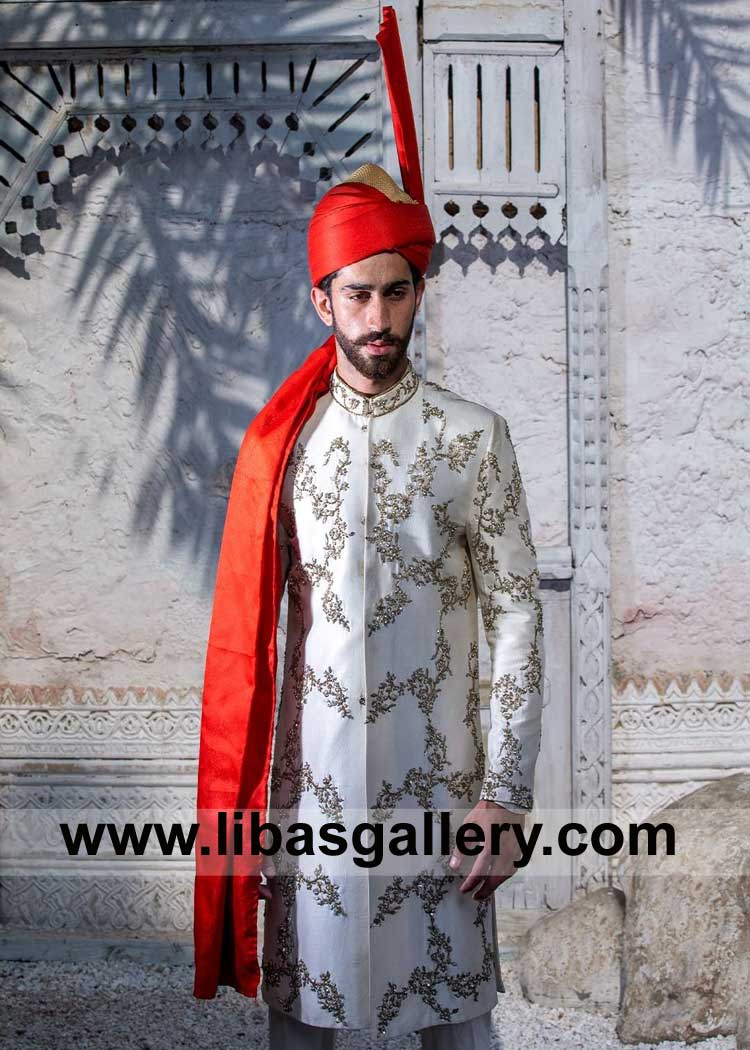 Pearl White Karandi Groom Nikah Wedding Sherwani with Gold Hand embellishment fancy and heavy paired with inner kurta trouser Liver Pool Leeds Bradford UK