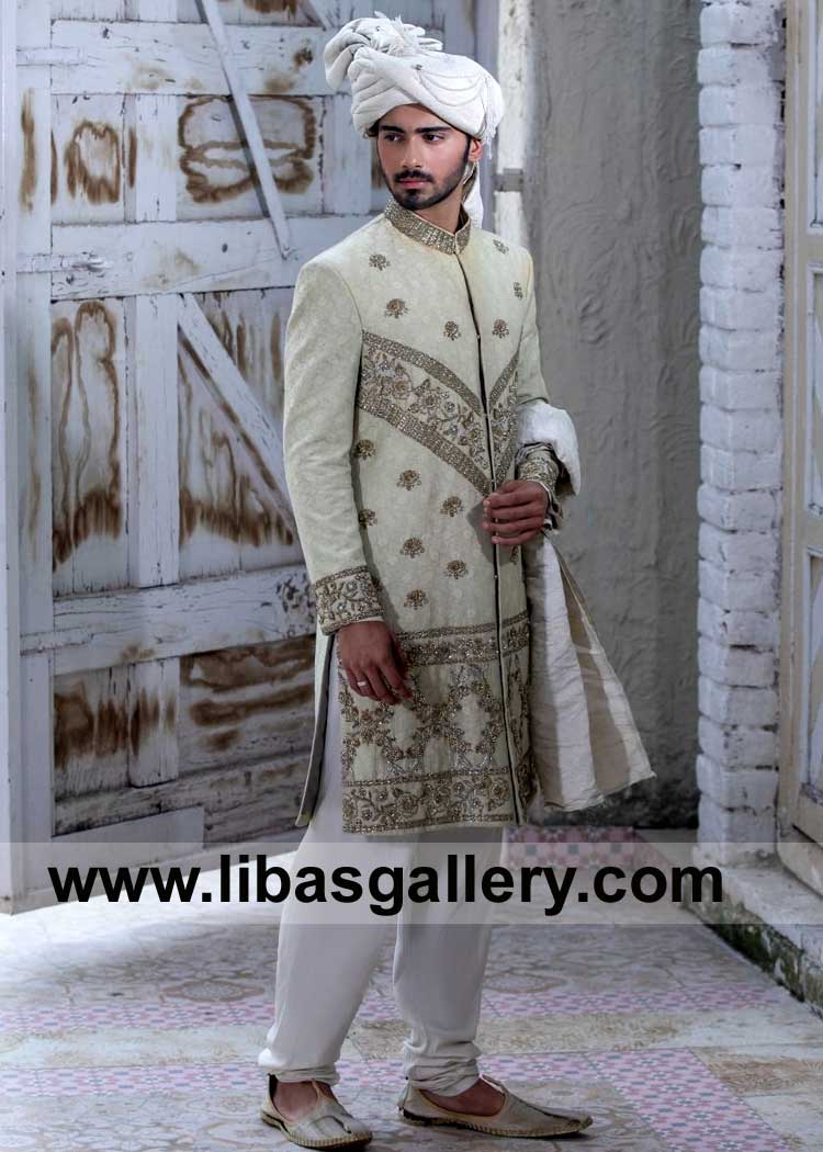 Pastel Mint Green Men Nikah Sherwani in Premium Fabric Raw silk with Fancy and Brilliant hand embellishment kora dabka stones Seattle Illinois Boston Nashville USA