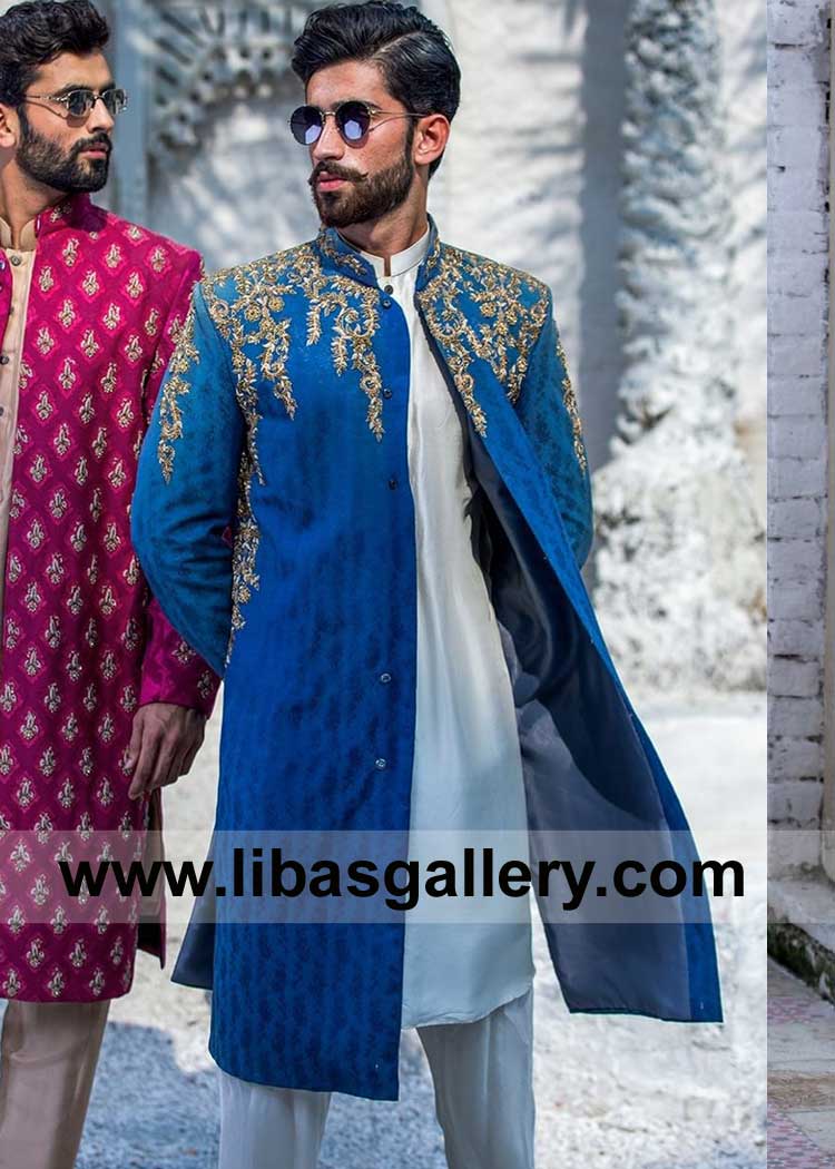 Men Bright Blue Nikah Barat Wedding Sherwani with Antique Gold Work on Chest Area Sleeves and Collar coming with Inner Suit Boston Illinois Nashville USA