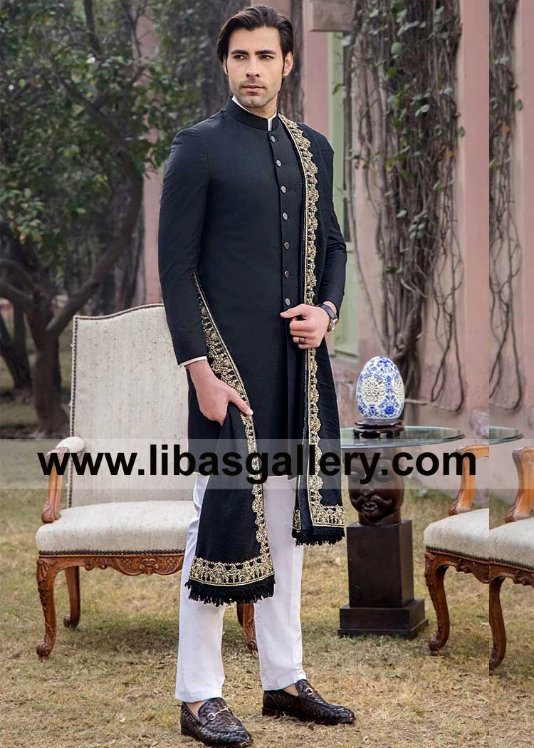 Black Stylish Men Sherwani in Tropical Suiting Fabric