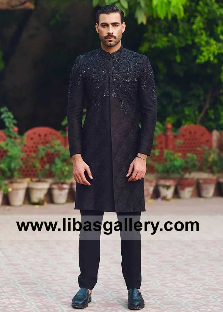 Men Black Wedding Sherwani made on Self Jamawar with Hand Work details