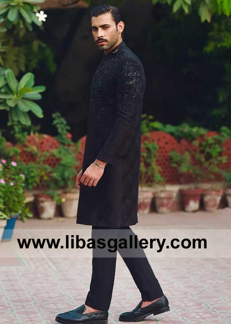 Men Black Wedding Sherwani made on Self Jamawar with Hand Work details