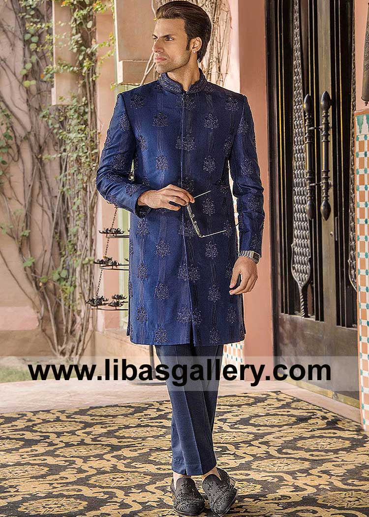 Premium Sapphire Color Fancy Embellished Men Nikah Sherwani