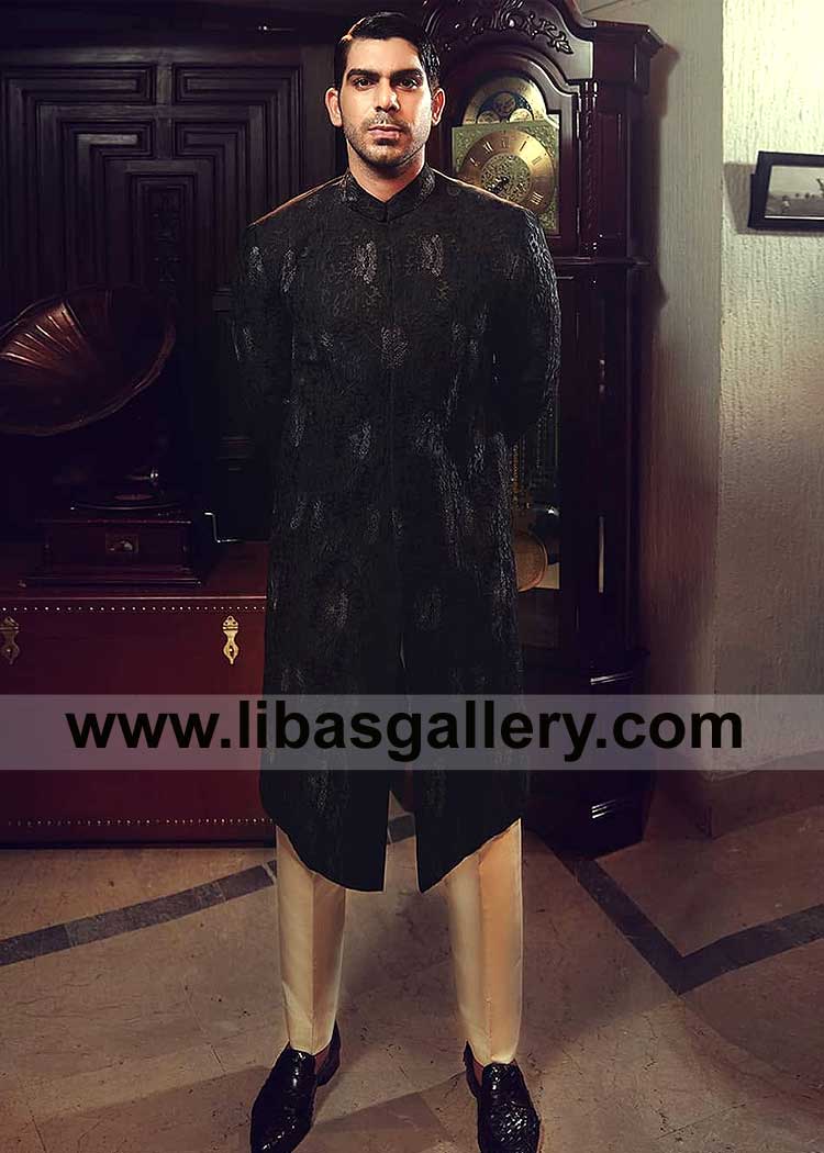 Black Signature Embellished Men Sherwani Style