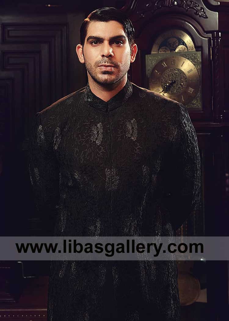 Black Signature Embellished Men Sherwani Style