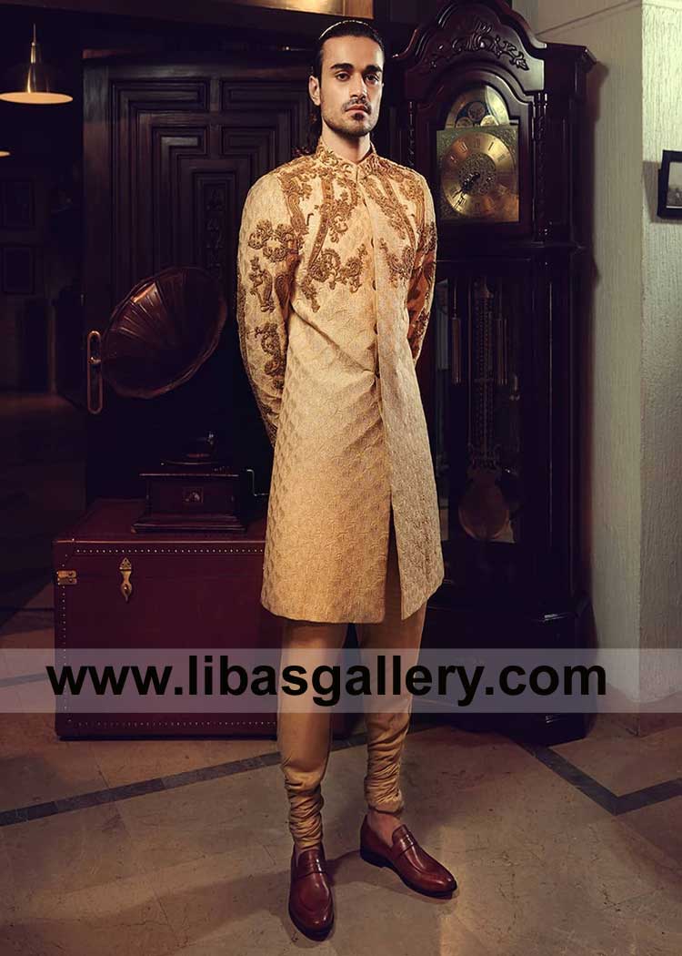 Step into elegance with a buff Banarsi Men Nikah Sherwani