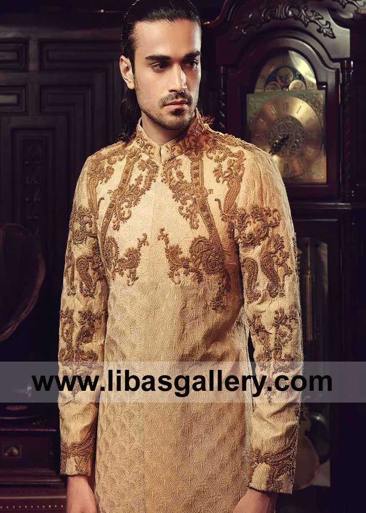 Step into elegance with a buff Banarsi Men Nikah Sherwani