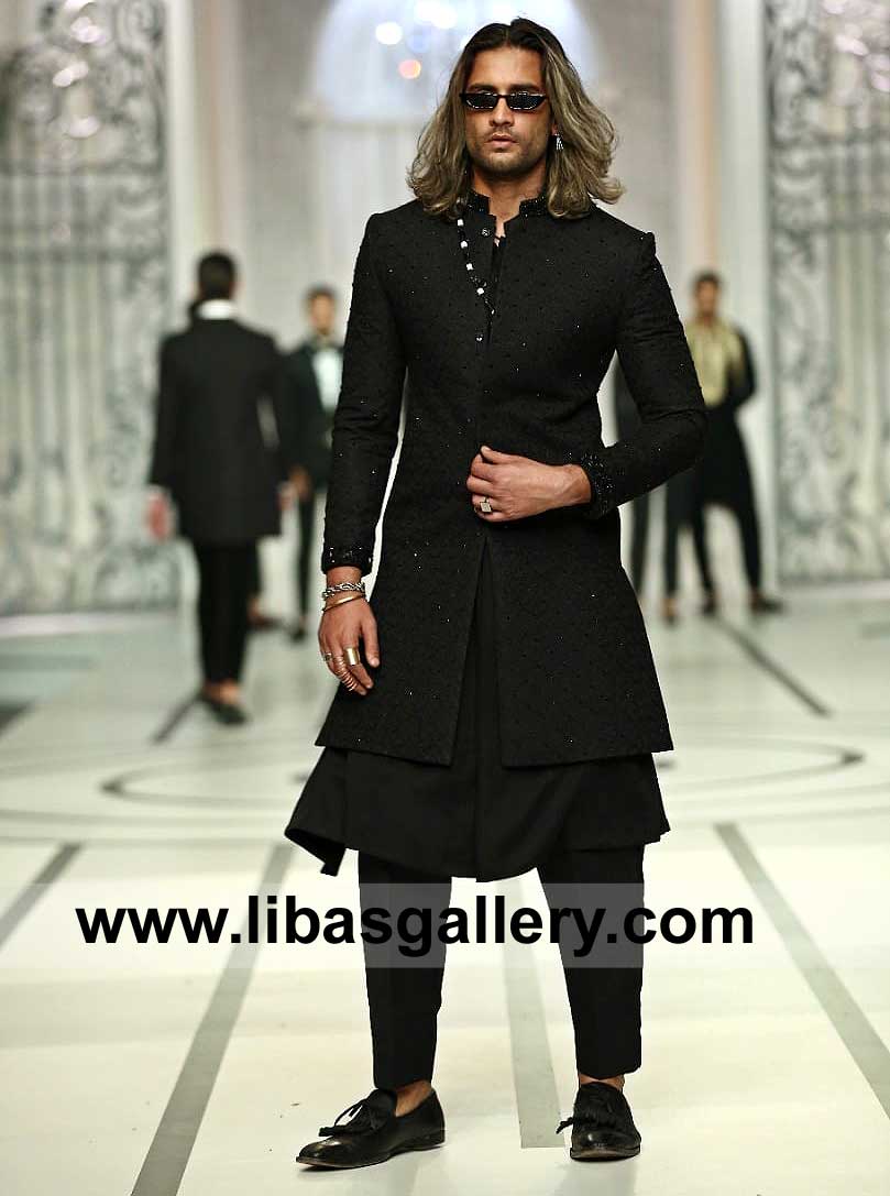 Black self Embroidered Sherwani with Collar cuff hand embellishment and Sherwani Style inner kurta and Trouser for Nikah UK USA France Germany Norway