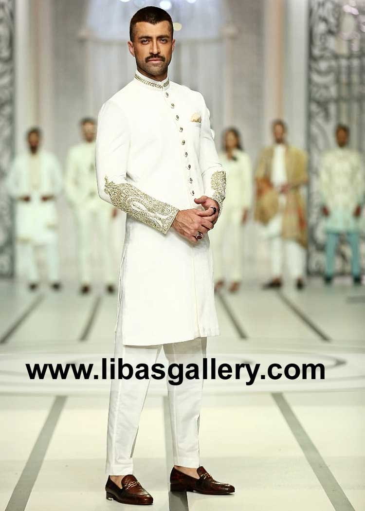 Off white sherwani for Groom hand embellished for Nikah Barat Occasion paired with inner and embroidered buttons Nashville, Los Angeles, San Antonio USA