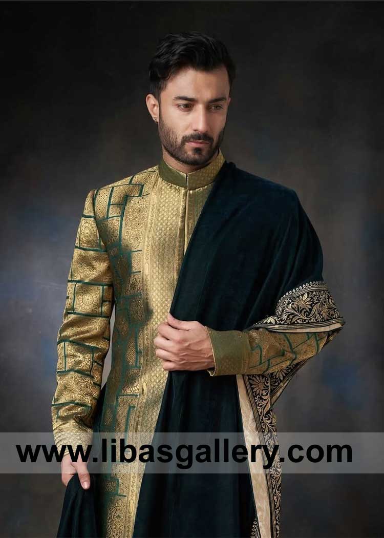 Gold Embroidered Wedding Sherwani Style for for Men Nikah Barat special time with embroidered Shawl and inner UK USA Canada