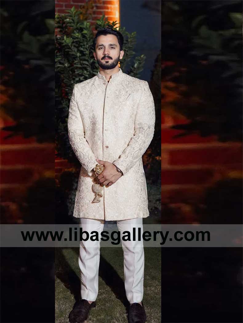 Off white Self embroidered Nikah Sherwani for Vlogger Groom
