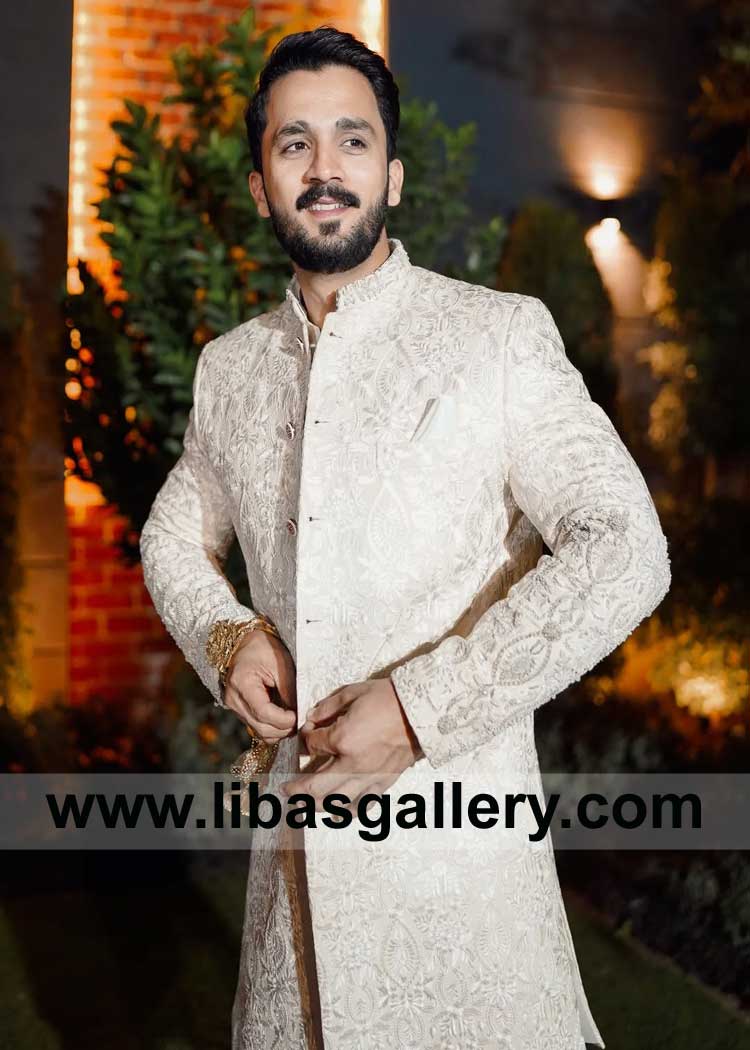 Off white Self embroidered Nikah Sherwani for Vlogger Groom