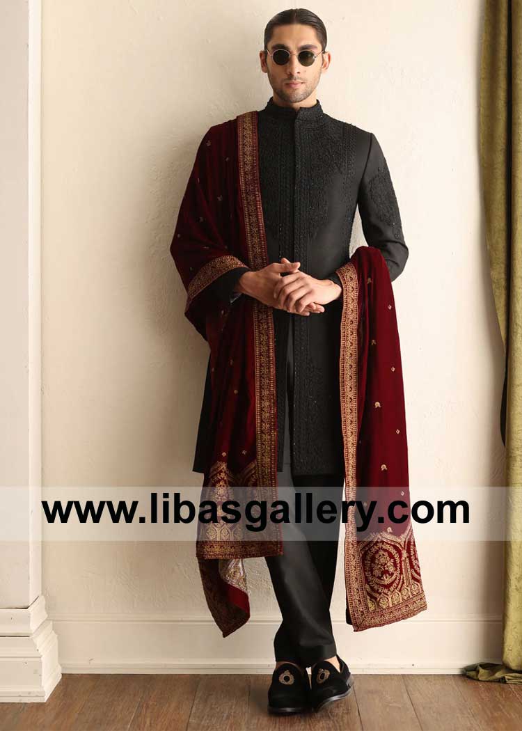 Eastern Men Sherwani self Embroidered in Black for Nikah
