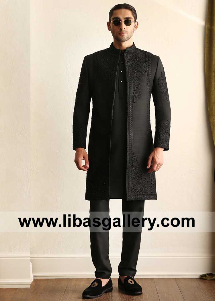 Eastern Men Sherwani self Embroidered in Black for Nikah