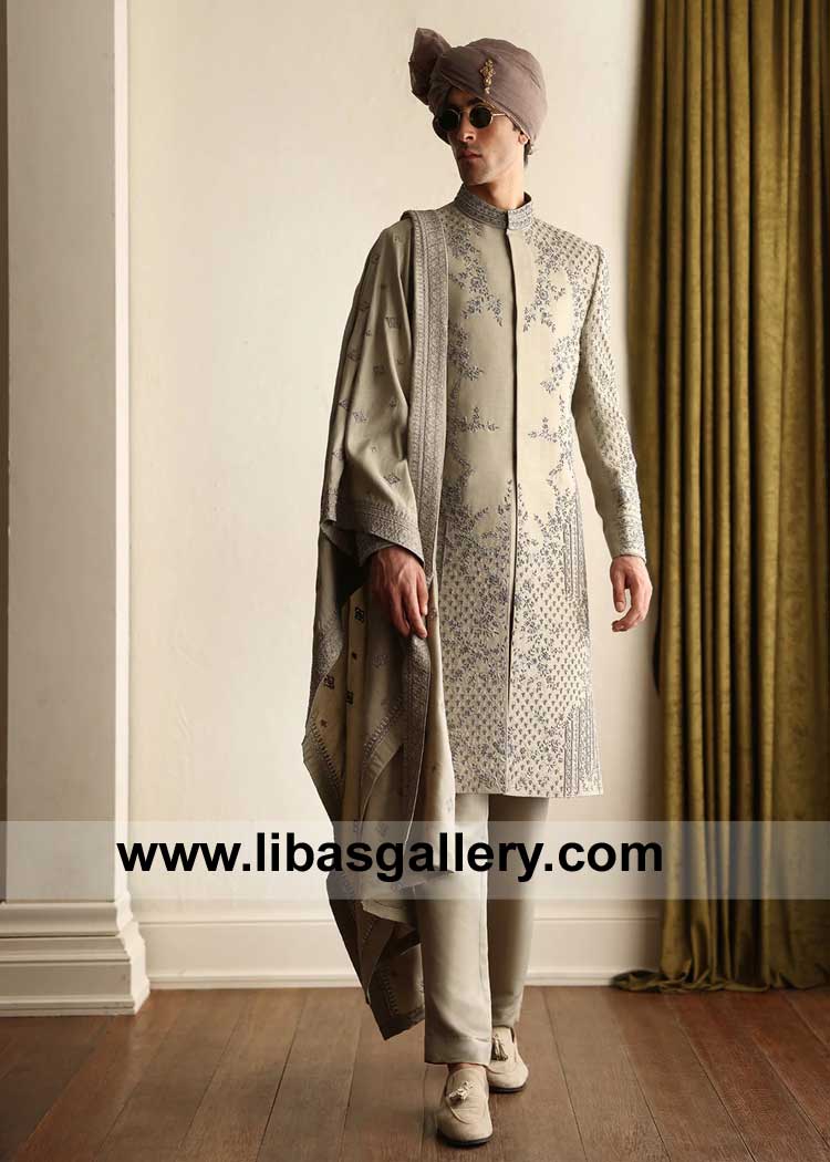 light Olive Embellished Wedding Sherwani for Charming Groom paired with matching kurta pajama and groom embroidered shawl New York Toronto London
