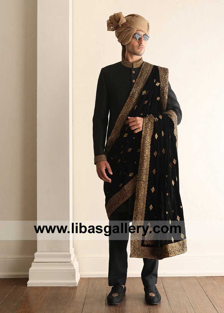 Black Self Embroidered Wedding Sherwani Design for Dapper Groom