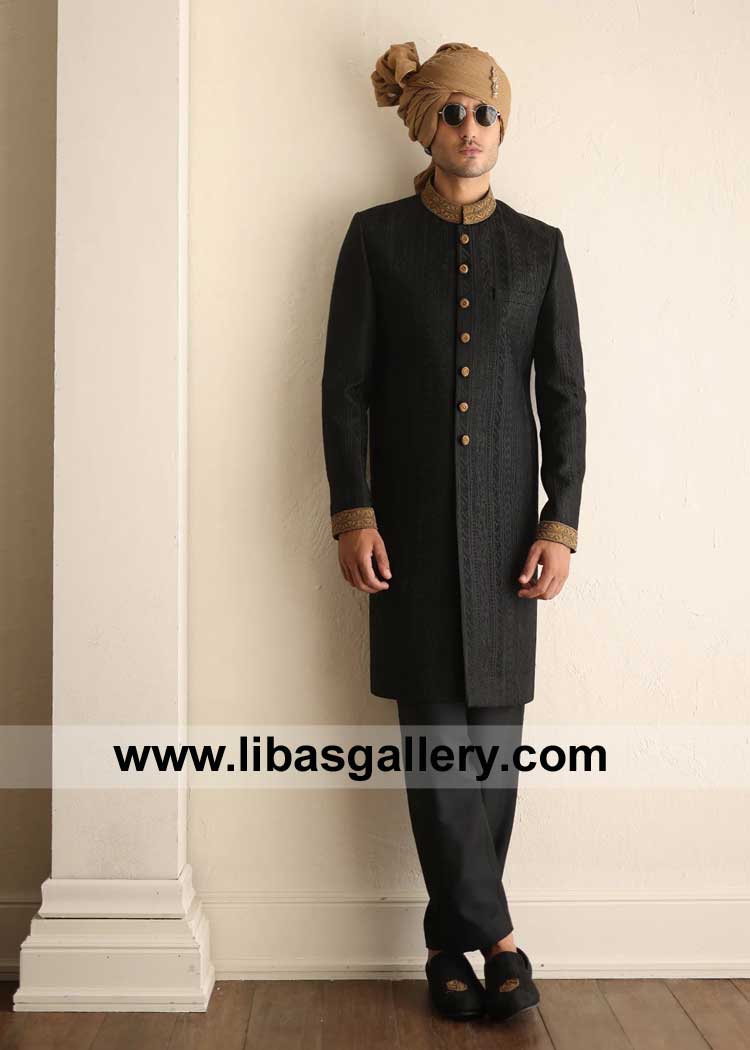 Black Self Embroidered Wedding Sherwani Design for Dapper Groom