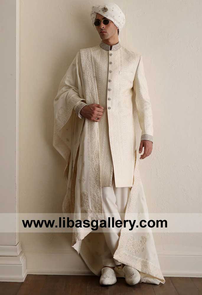 Cream self embroidered Sherwani for mind blowing Groom