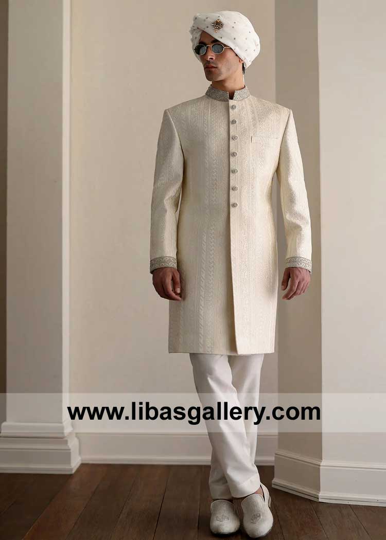 Cream self embroidered Sherwani for mind blowing Groom
