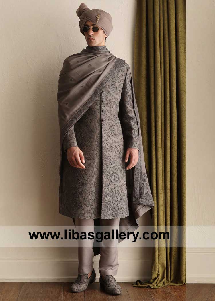 Deep Taupe elegant Groom Wedding Sherwani with intricate embellishment