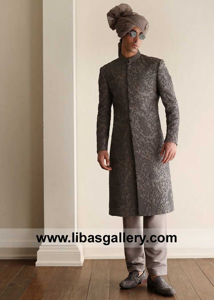 Deep Taupe elegant Groom Wedding Sherwani with intricate embellishment