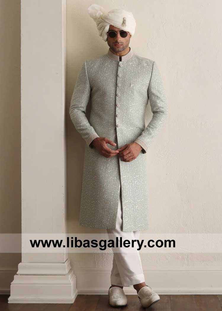 Sea Foam Intricately Embroidered Groom Wedding Sherwani