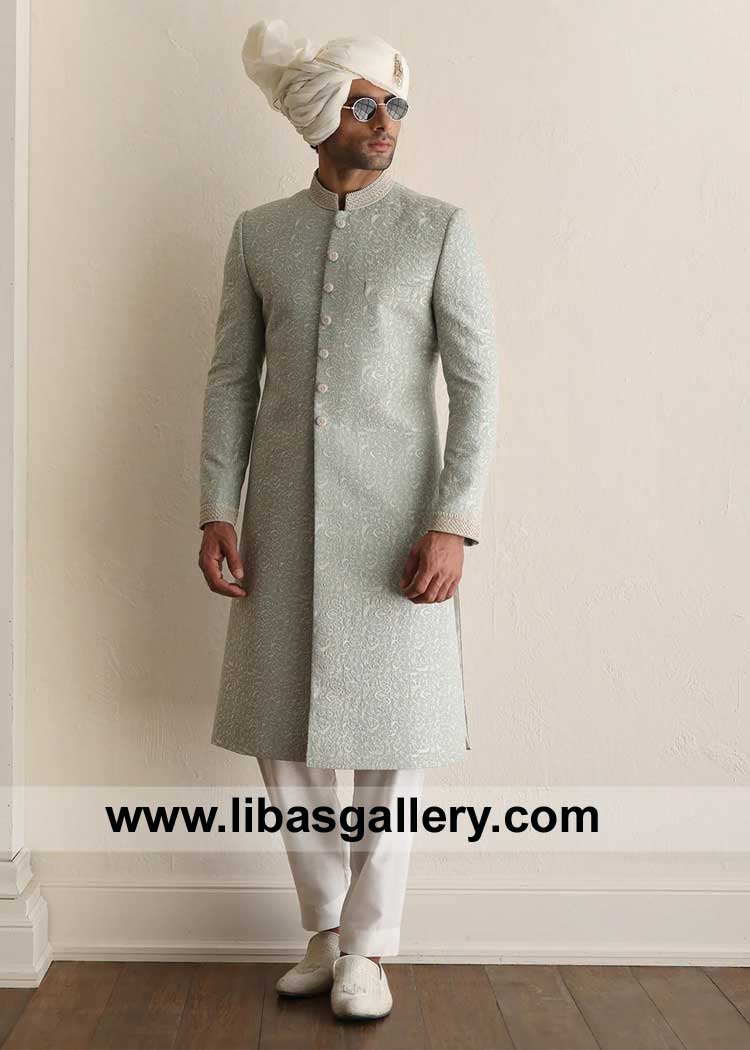 Sea Foam Intricately Embroidered Groom Wedding Sherwani