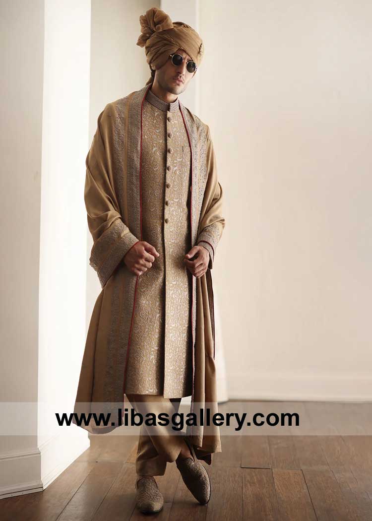 Antique Gold intricate Embroidered Groom Nikah Sherwani