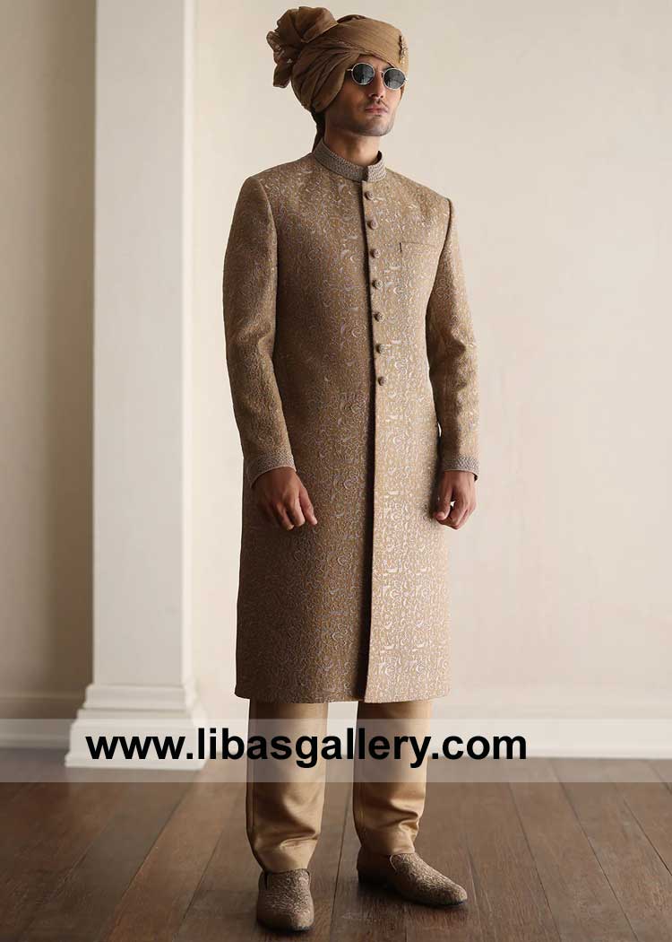 Antique Gold intricate Embroidered Groom Nikah Sherwani