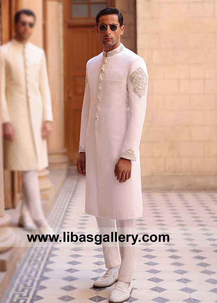 Off White Grand Wedding Embroidered Groom Sherwani Article