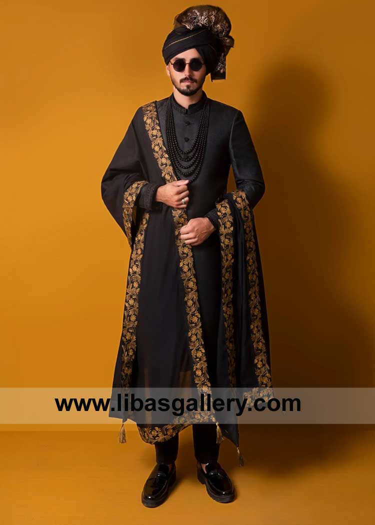 Regal statement Exquisite Black Sherwani expertly tailored