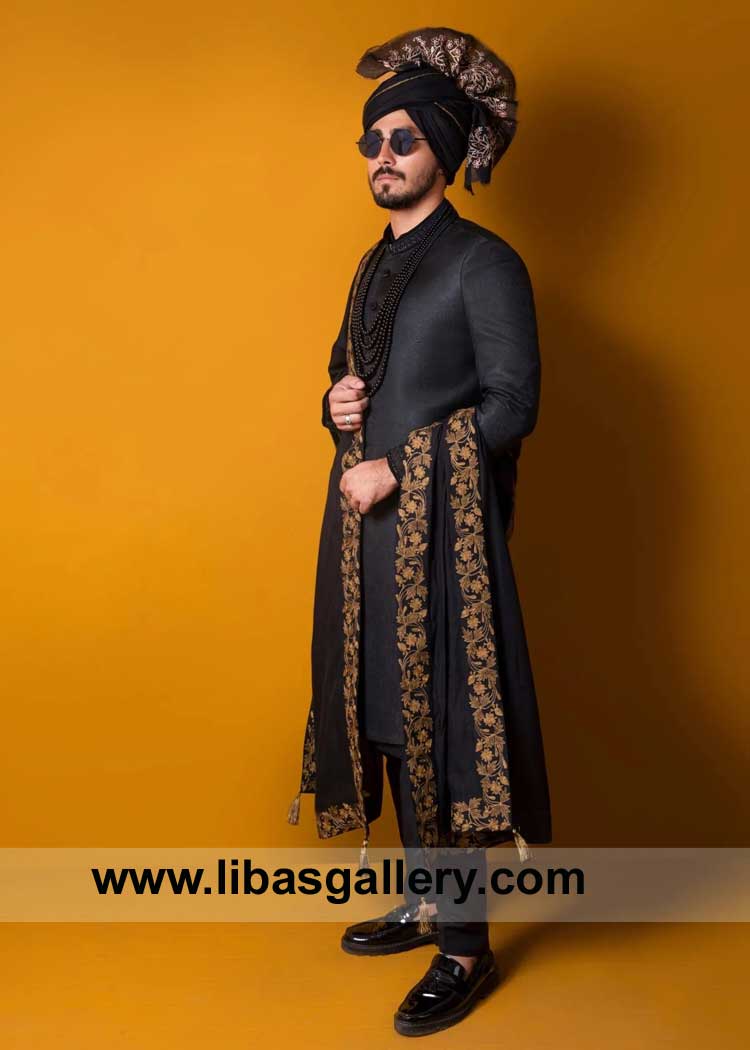 Regal statement Exquisite Black Sherwani expertly tailored