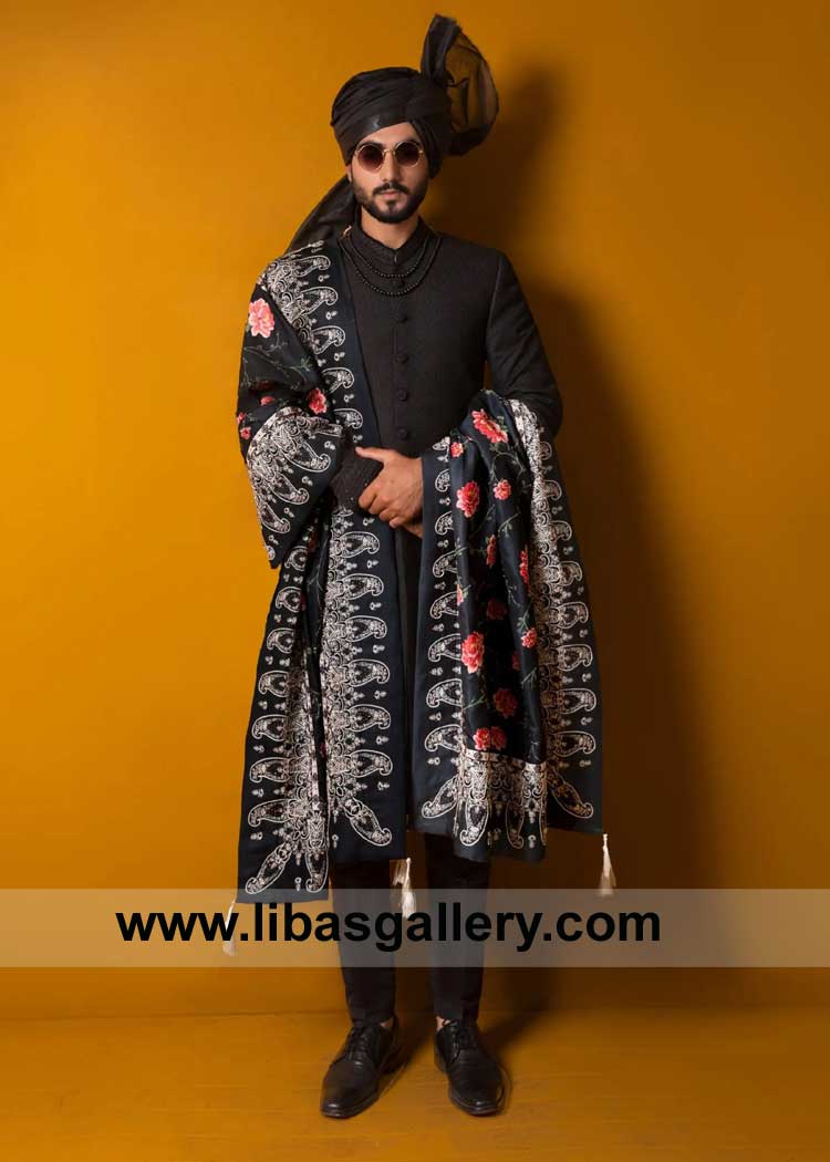 Stunning self weaved black Groom sherwani exudes refinement and Poise