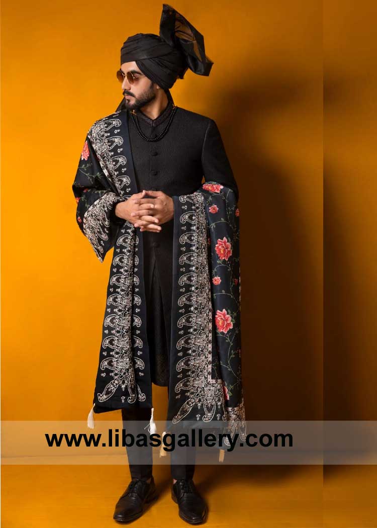 Stunning self weaved black Groom sherwani exudes refinement and Poise