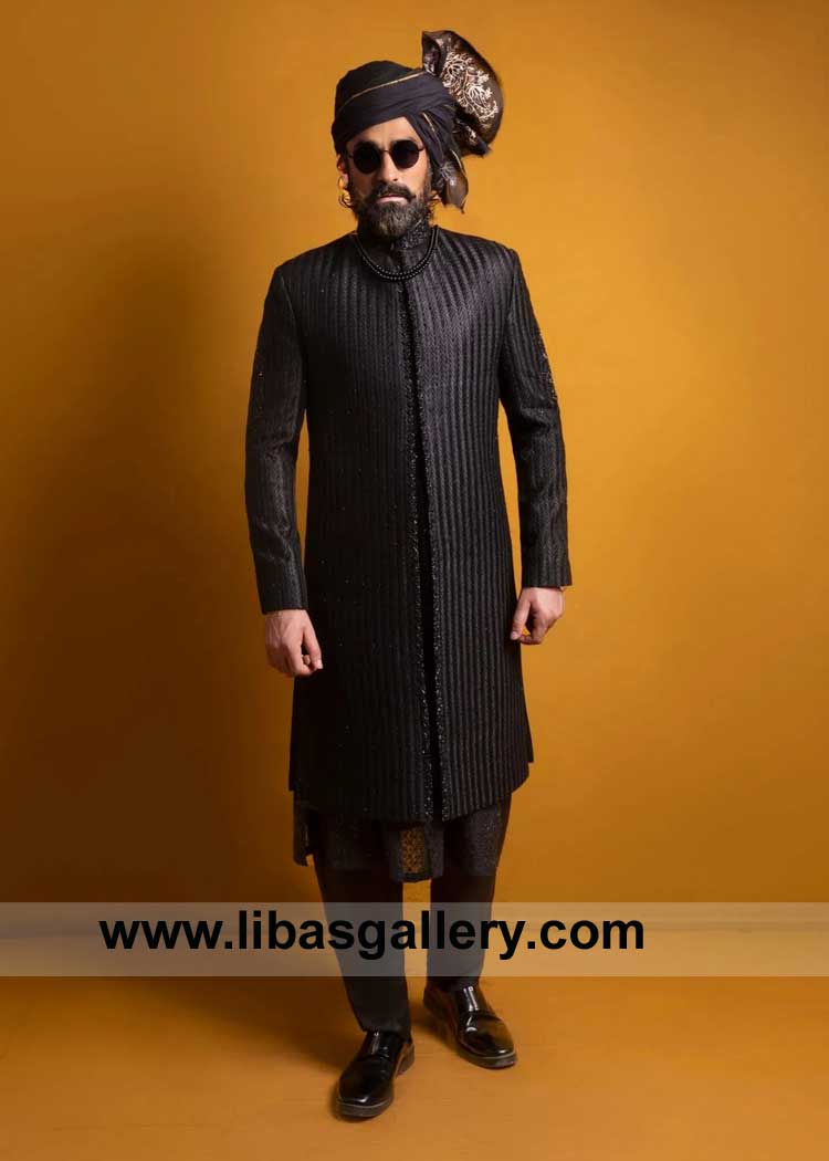 Black Sherwani expertly hand-woven with full heavy embroidery LUXE DRAPED paired with matching inner and coordinating Turban UK USA Canada Australia Dubai
