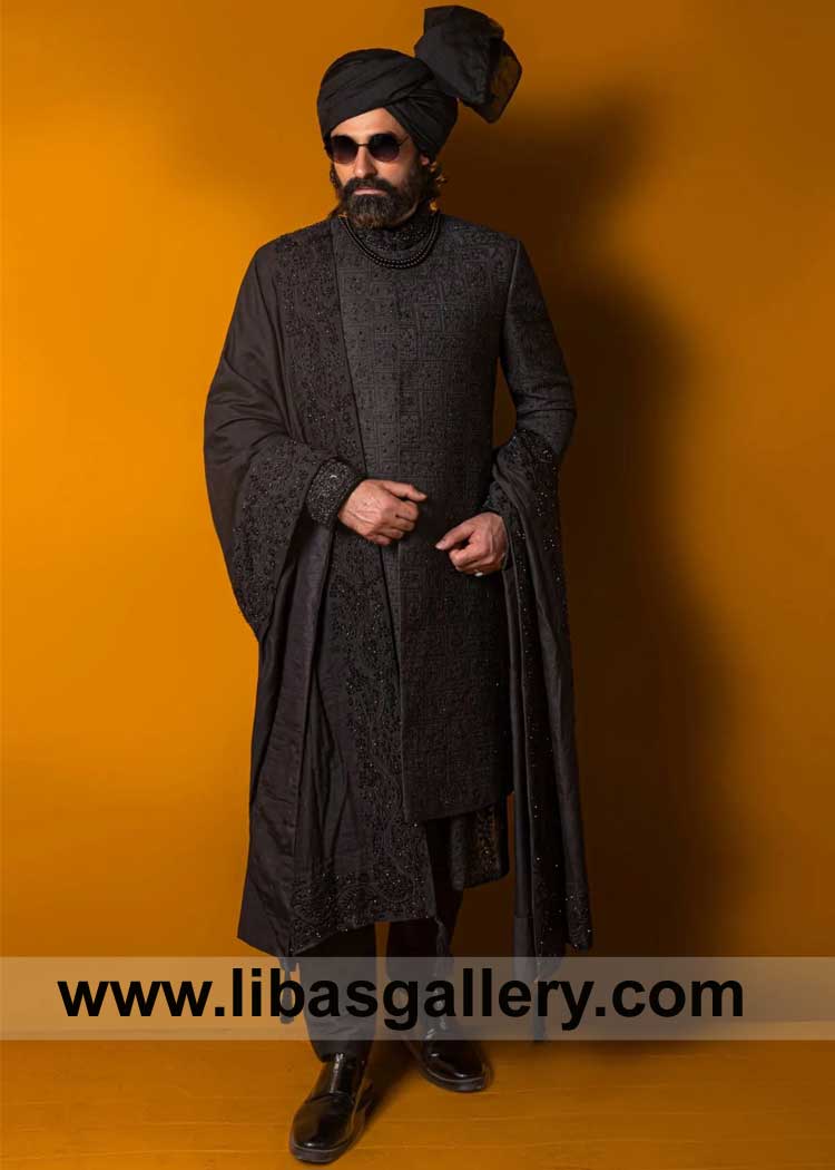 Black Sherwani expertly heavy hand embellished by skilled artisans for Nikah Day paired matching Inner Suit and Turban Phoenix Denver Jacksonville USA