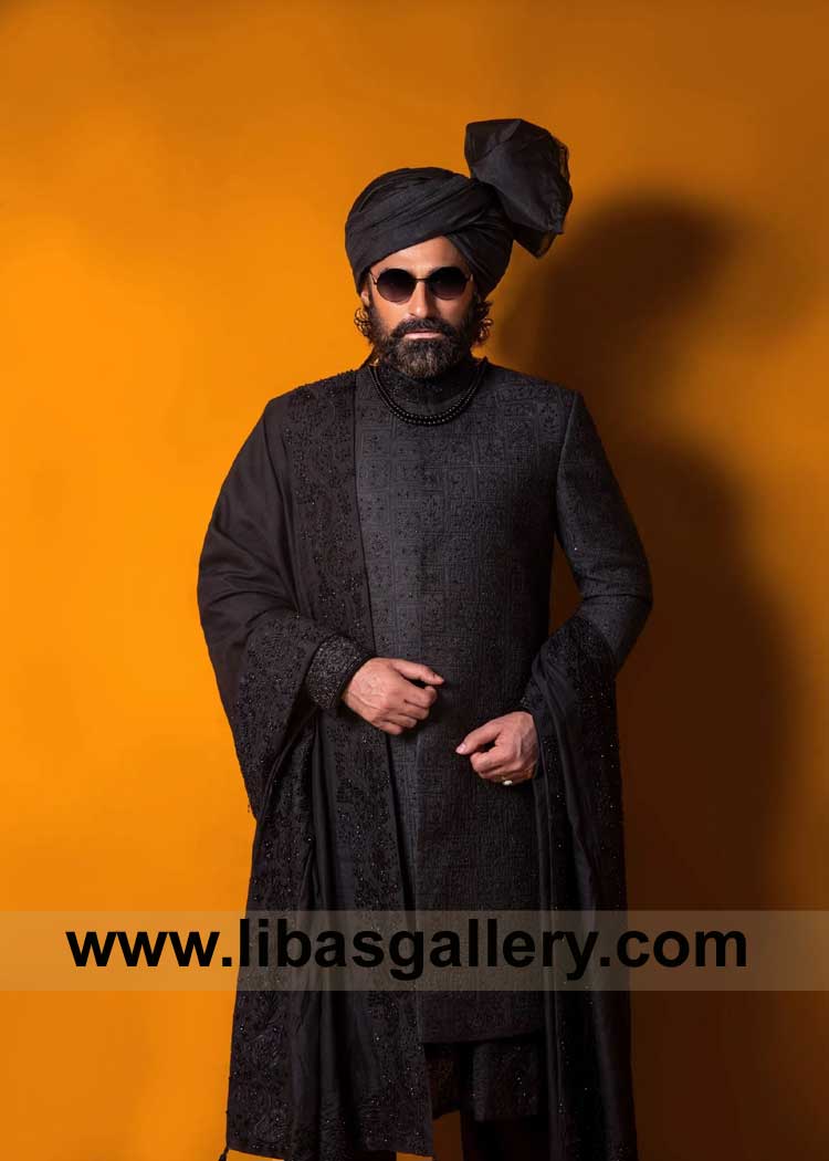 Full heavy embroidery Black Sherwani expertly hand-woven by skilled artisans
