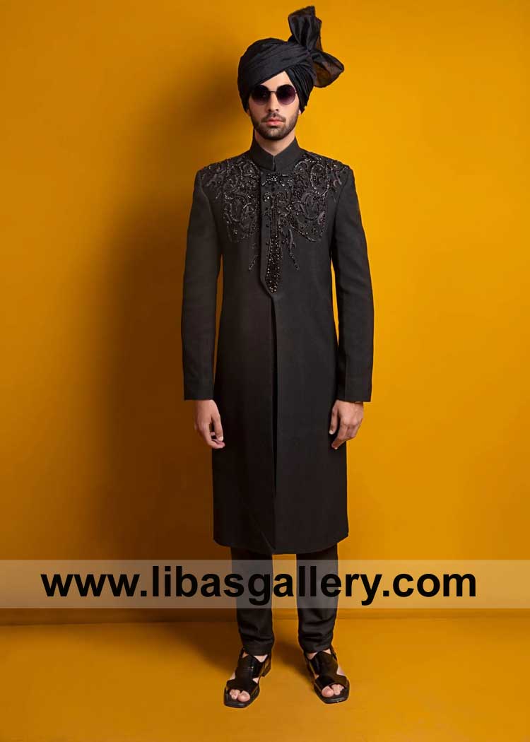 BLACK SHERWANI expertly crafted by Artisans for Groom Nikah day compliment with Embroidered Border matching Shawl and Turban Colorado Connecticut USA