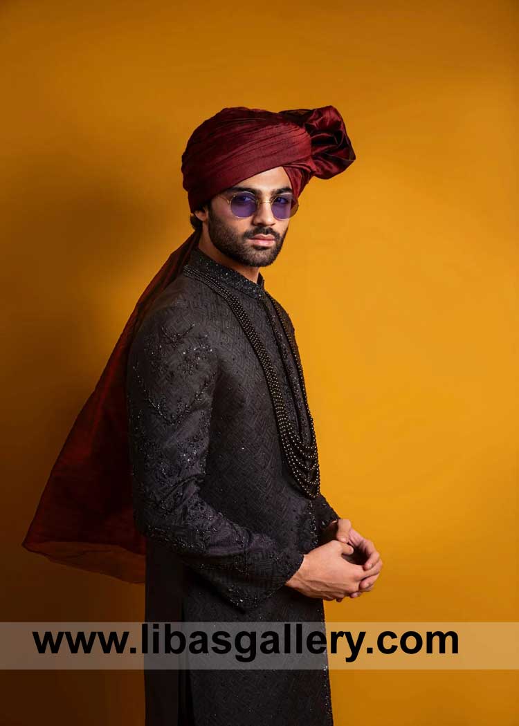 Heavy Black Sherwani intricate Chikankari embroidery and dazzling crystal embellishments