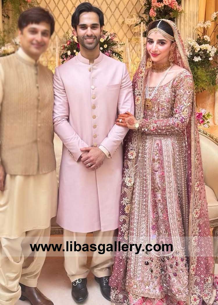 Lavender Pink Simple Groom Wedding Sherwani Style with Gold inner kurta and shalwar suit Ameer Gilani and Mawra Hocane wedding UK USA Canada Australia Dubai
