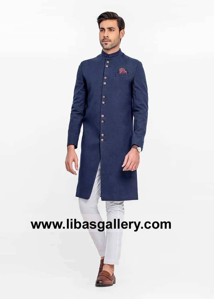 Dark Navy Blue Suiting Fabric Classic Men Sherwani Style