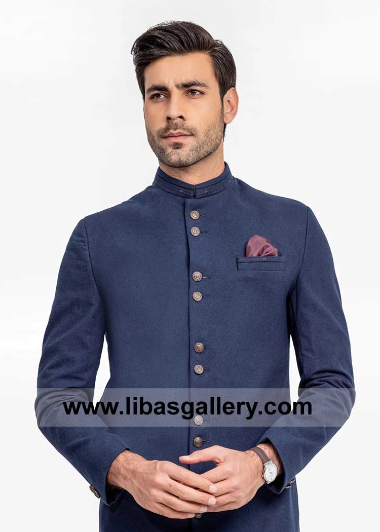 Dark Navy Blue Suiting Fabric Classic Men Sherwani Style