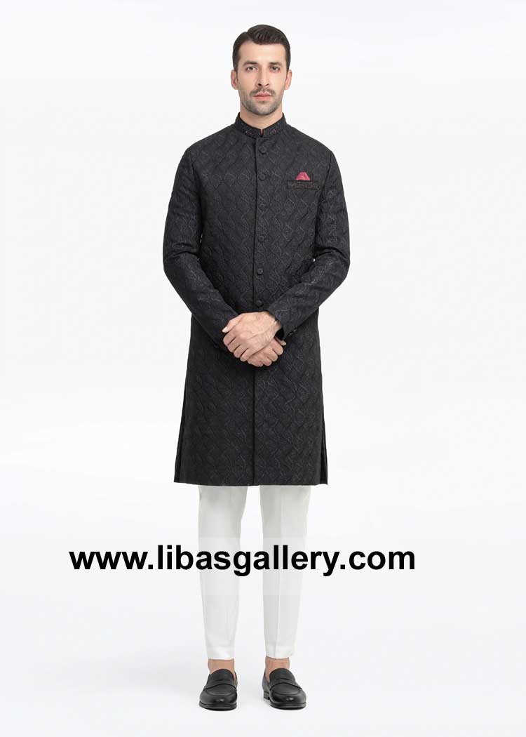 Luxurious Black Embroidered Groom Wedding Sherwani Style
