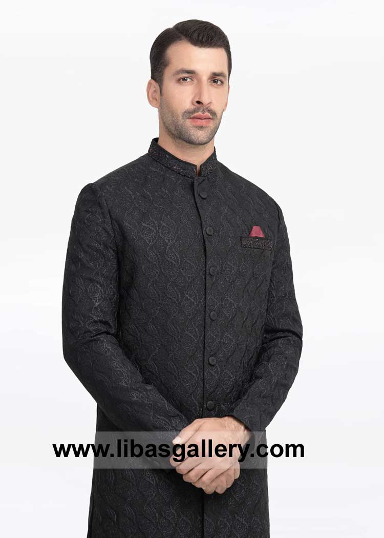 Luxurious Black Embroidered Groom Wedding Sherwani Style